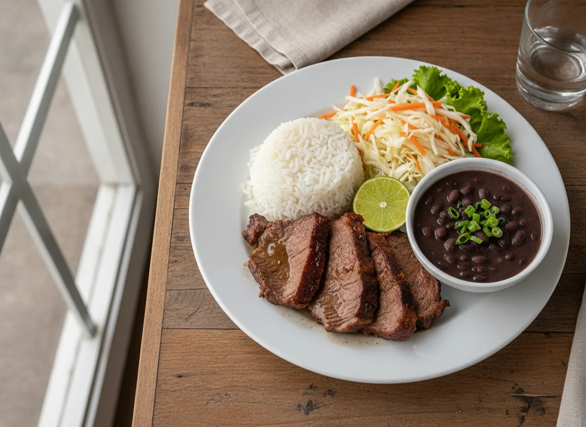 Prato Feito Brasileiro com Carne Assada, Arroz, Feijão e Salada photo