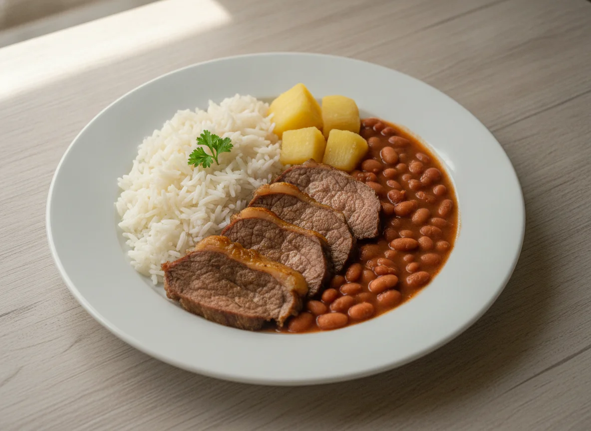 Prato Feito Brasileiro com Carne Assada, Arroz, Feijão e Mandioca photo