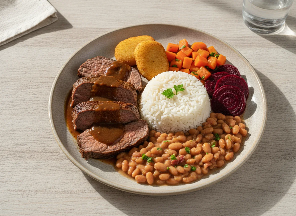 Prato Feito Brasileiro com Carne Assada, Arroz, Feijão e Legumes photo