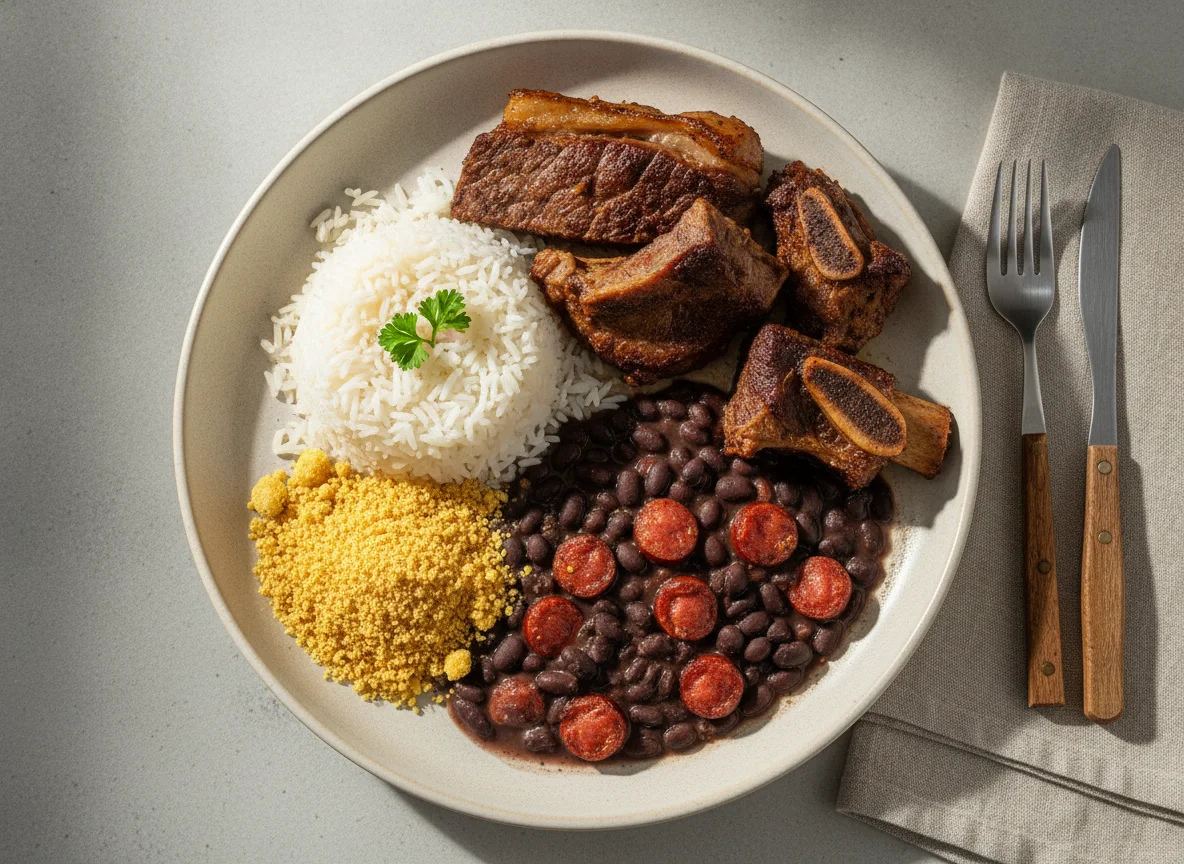 Prato feito brasileiro com carne assada, arroz, feijão e farofa photo