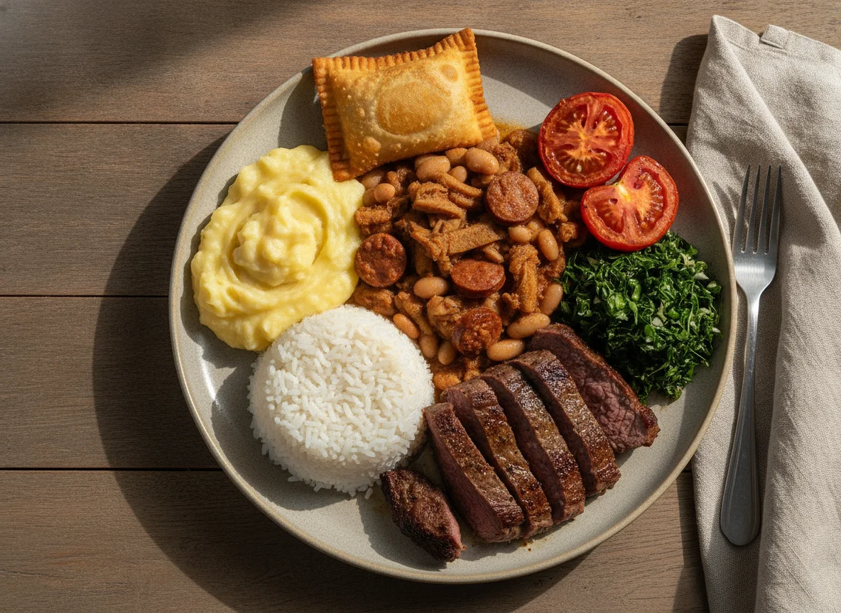 Prato Feito Brasileiro com Carne Assada, Arroz, Feijão Branco e Acompanhamentos photo
