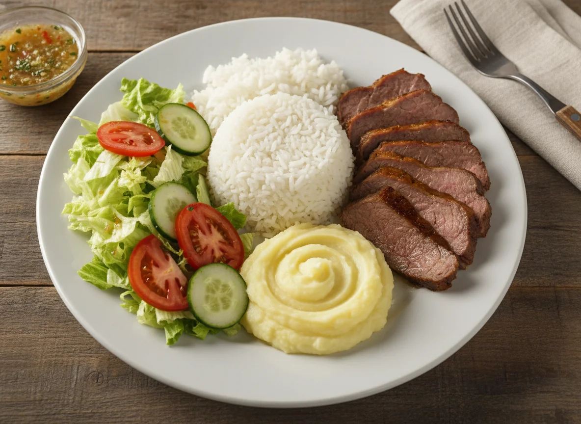 Prato Feito Brasileiro com Carne Assada, Arroz, Purê e Salada photo