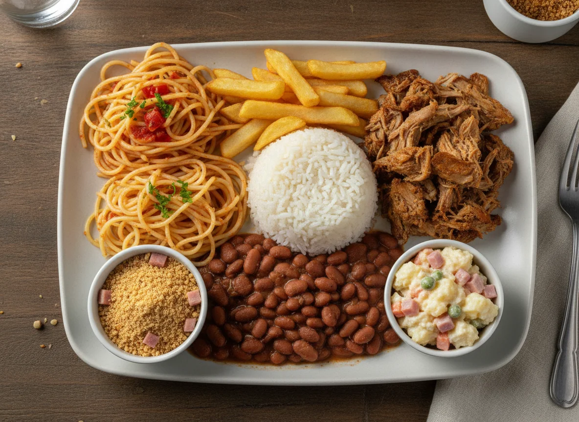 Prato Feito Brasileiro com Carne Assada e Acompanhamentos photo