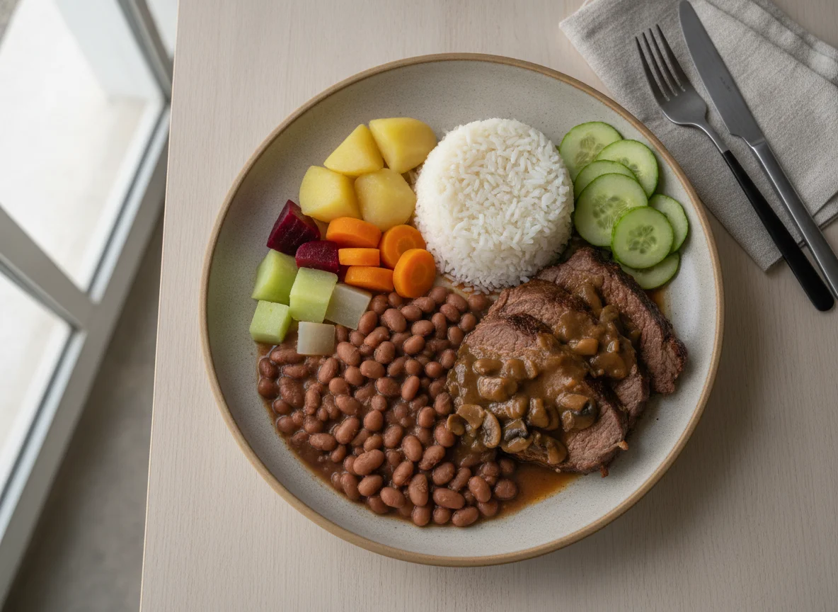 Prato Feito Brasileiro com Carne Assada e Legumes photo