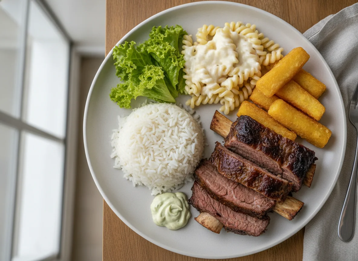 Prato Feito Brasileiro com Carne Assada e Polenta photo