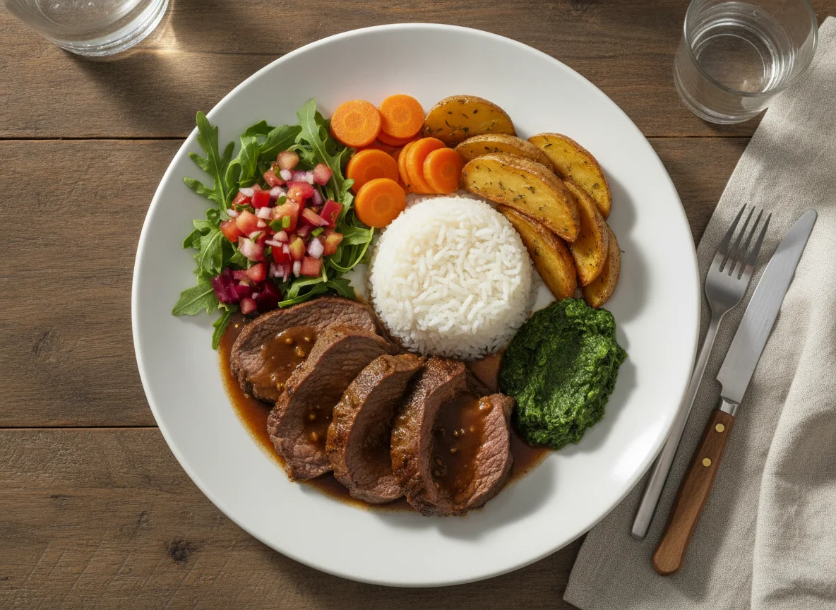 Prato Feito Brasileiro com Carne Assada e Salada photo