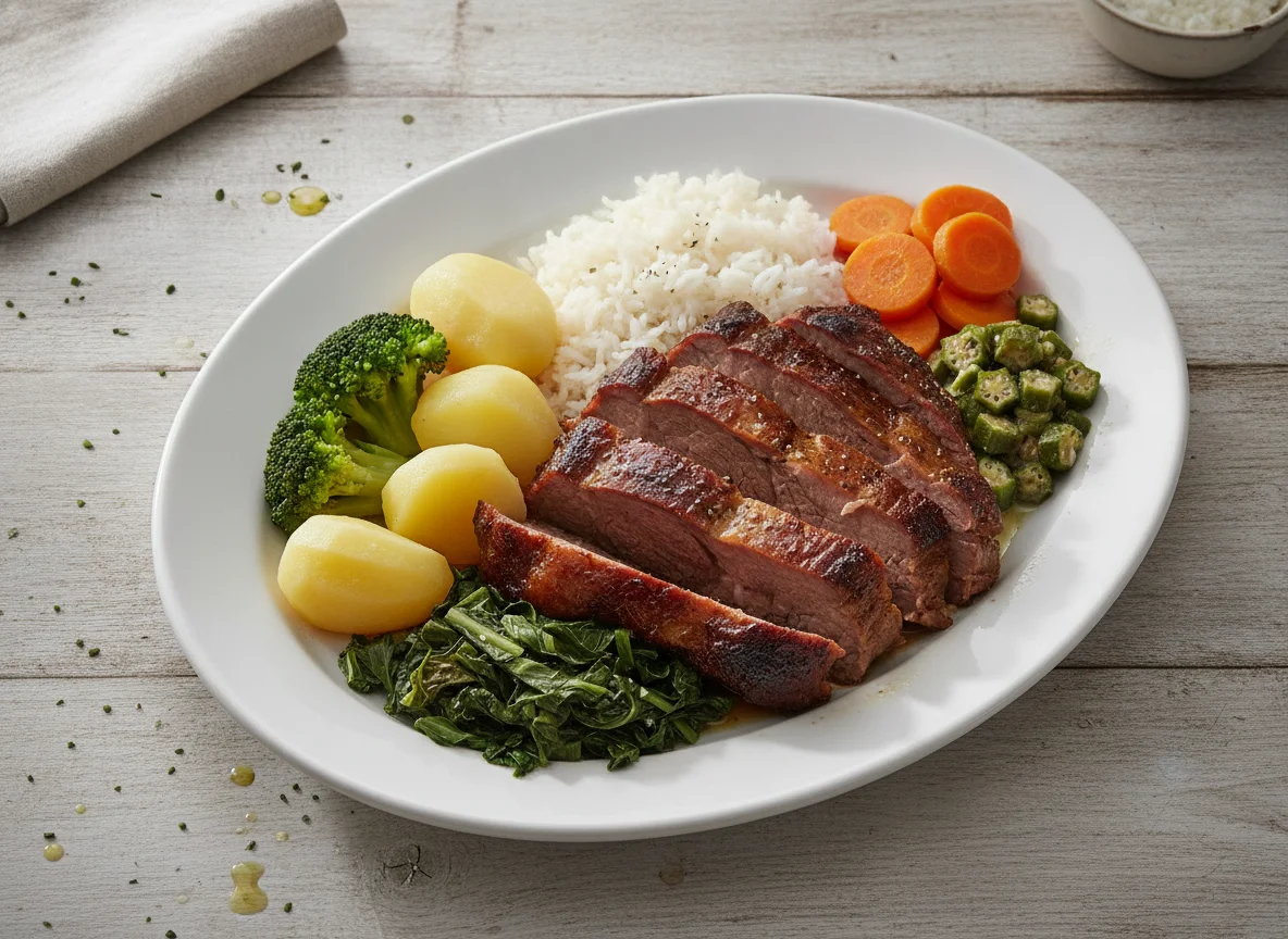 Prato Feito Brasileiro com Carne Assada e Vegetais photo