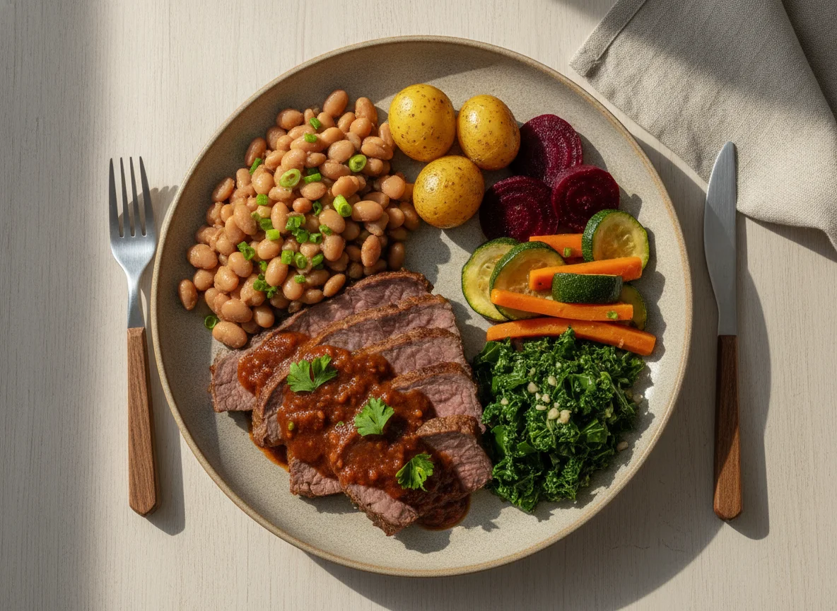 Prato feito brasileiro com carne assada, feijão e legumes photo