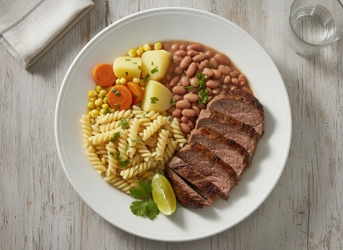 Prato feito brasileiro com carne assada, feijão, macarrão e legumes photo