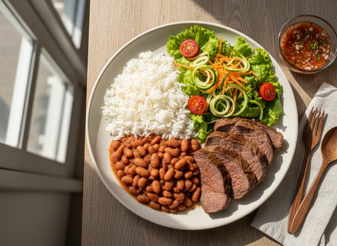 Prato feito brasileiro com carne assada photo