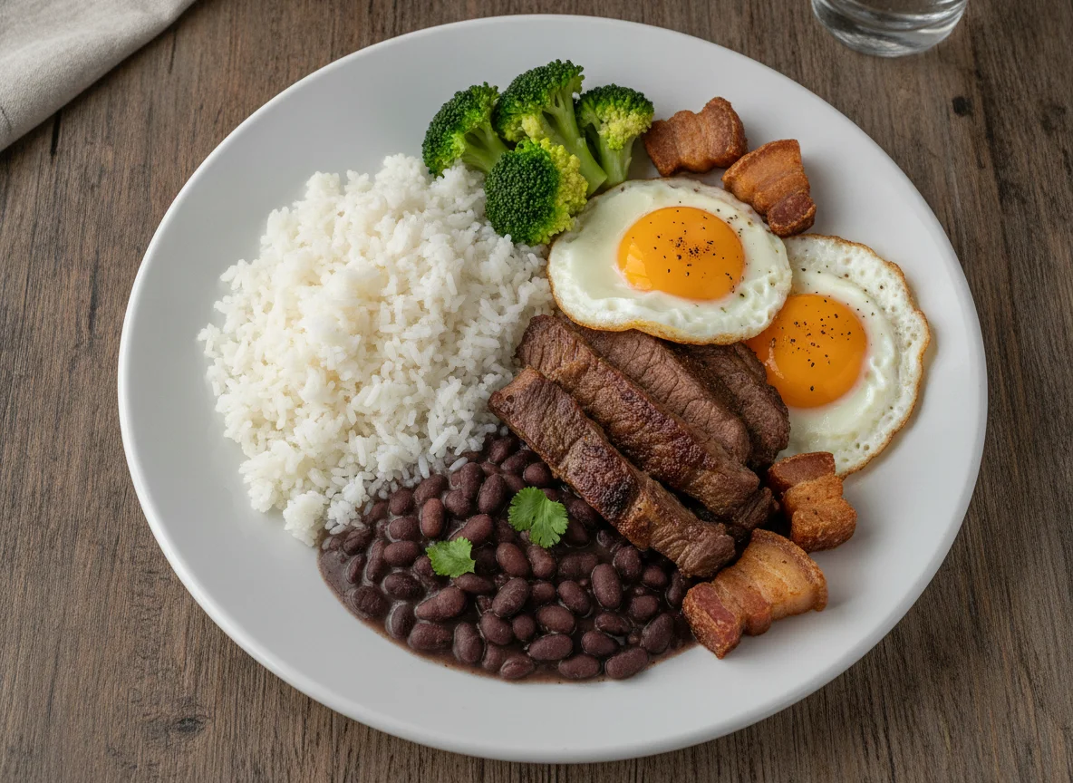 Prato Feito Brasileiro com Carne Assada, Ovos e Feijão photo