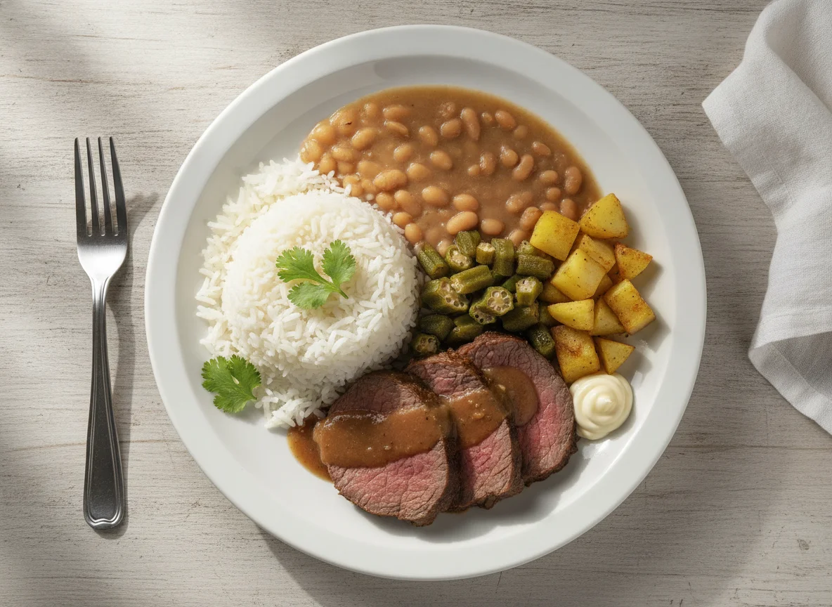 Prato Feito Brasileiro com Carne Assada, Quiabo e Batatas photo