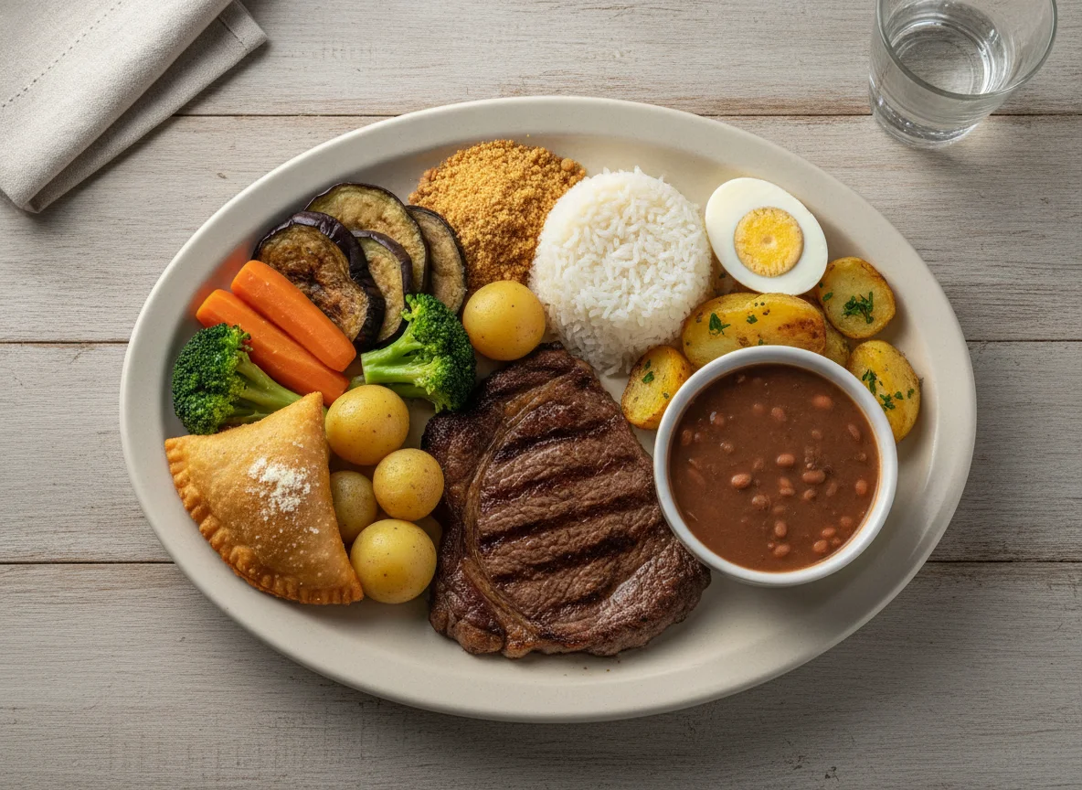 Prato Feito Brasileiro com Carne, Batata e Acompanhamentos photo