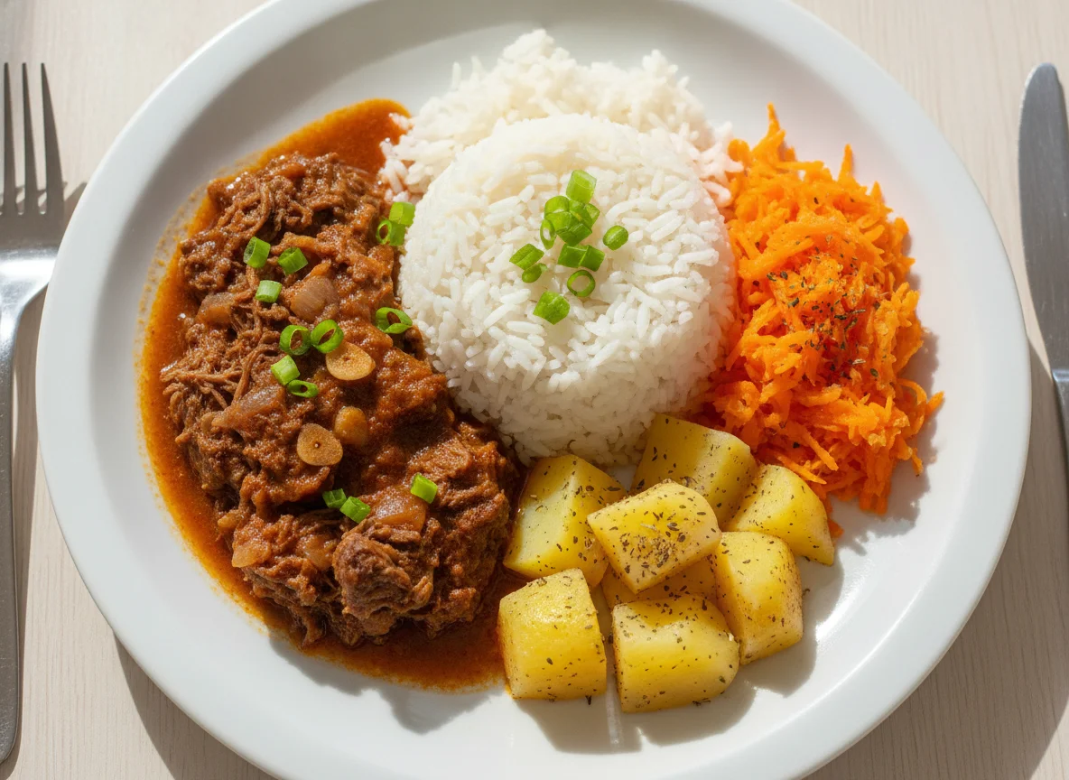 Prato feito brasileiro com carne cozida, arroz, batata e cenoura photo