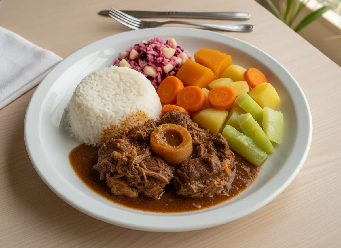Prato feito brasileiro com carne cozida, arroz e legumes photo