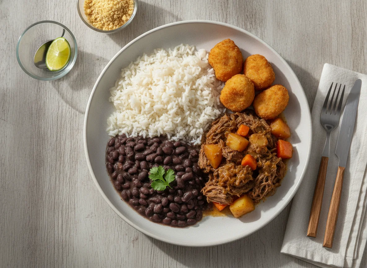 Prato Feito Brasileiro com Carne Cozida, Arroz, Feijão e Nuggets photo