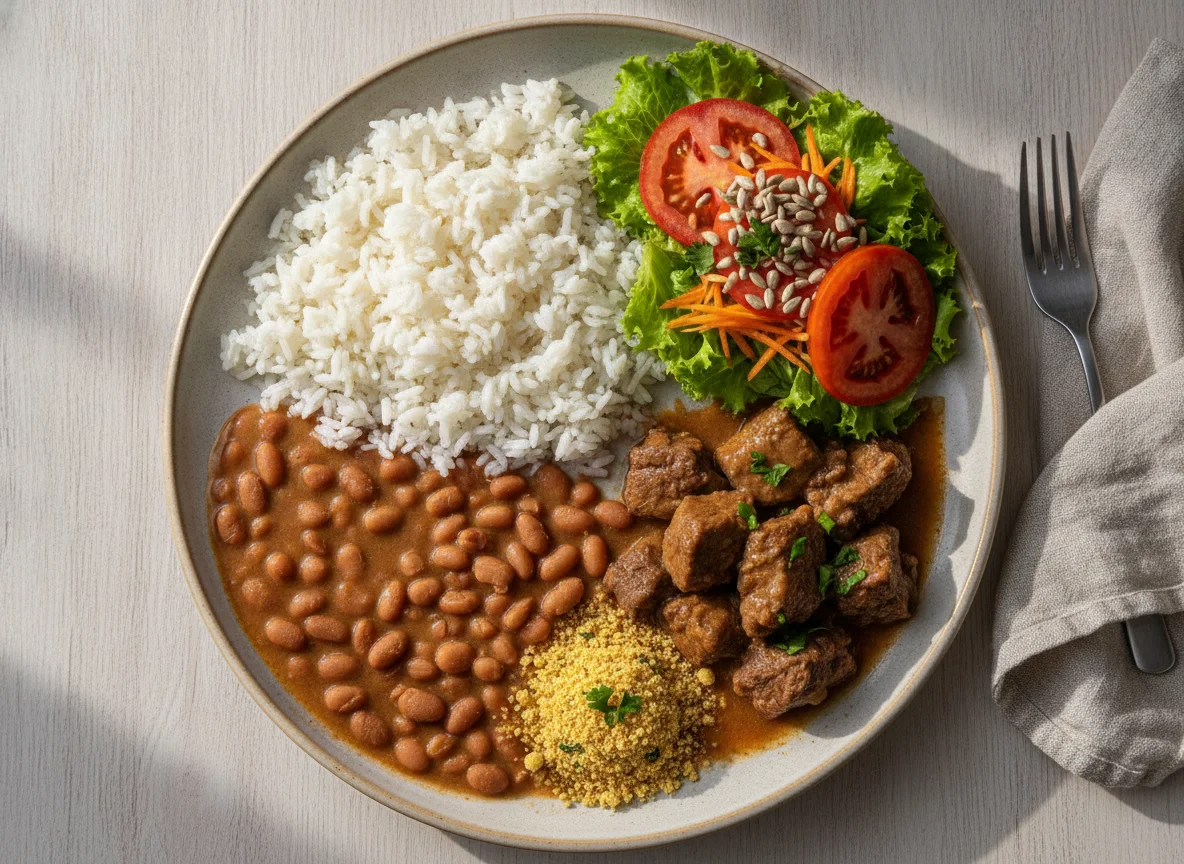 Prato Feito Brasileiro com Carne Cozida, Arroz, Feijão e Salada photo