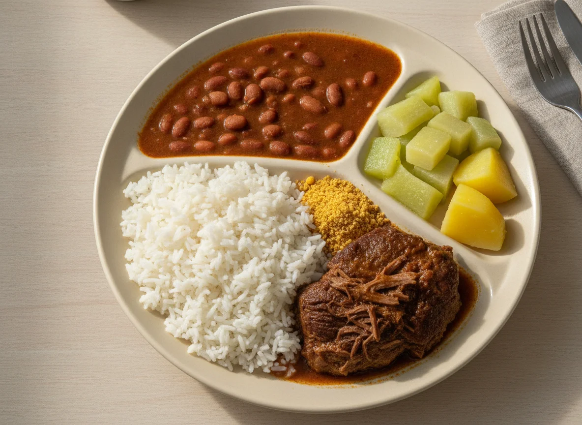 Prato feito brasileiro com carne cozida, arroz, feijão, chuchu, batata e farofa photo