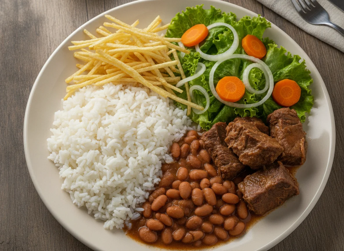 Prato feito brasileiro com carne cozida, arroz, feijão, batata palha e salada photo