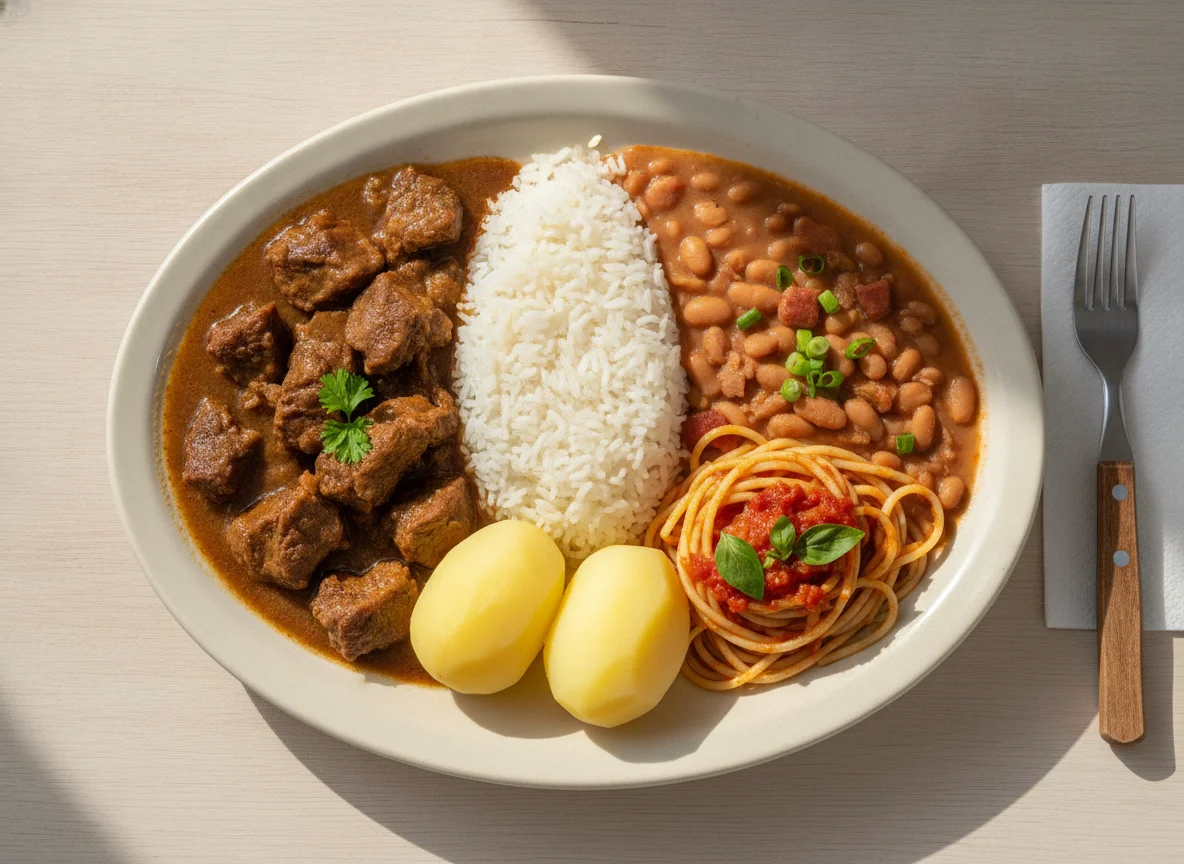 Prato feito brasileiro com carne cozida, arroz, feijão, macarrão e batata photo
