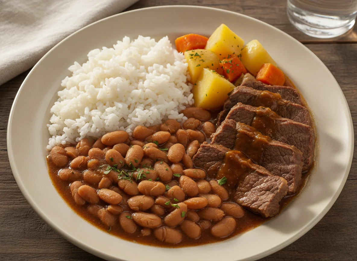 Prato feito brasileiro com carne cozida, arroz, feijão, batata e cenoura photo