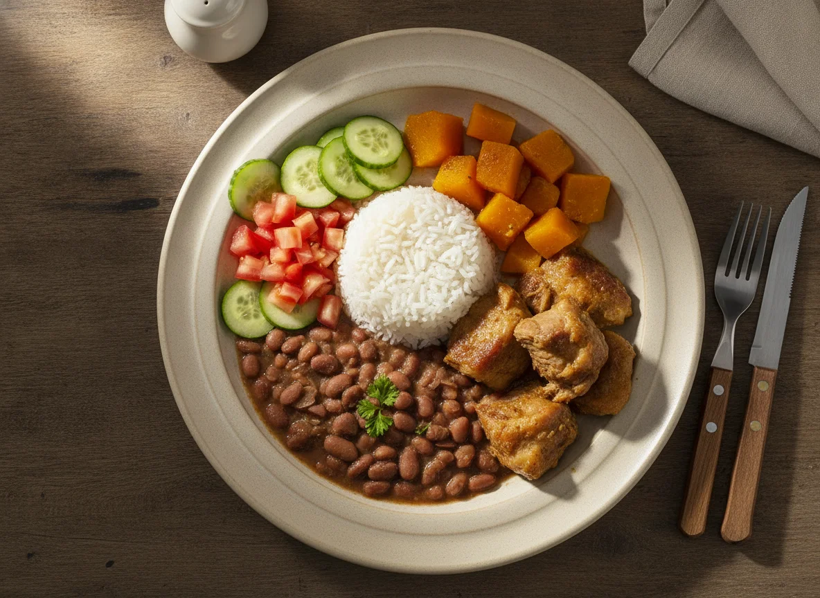 Prato feito brasileiro com carne cozida, arroz, feijão, abóbora e salada photo