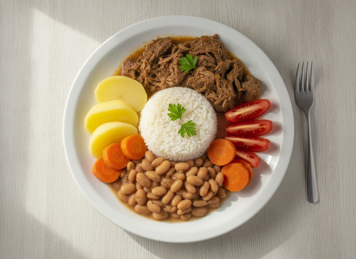 Prato feito brasileiro com carne cozida, arroz, feijão, batata, cenoura e tomate photo