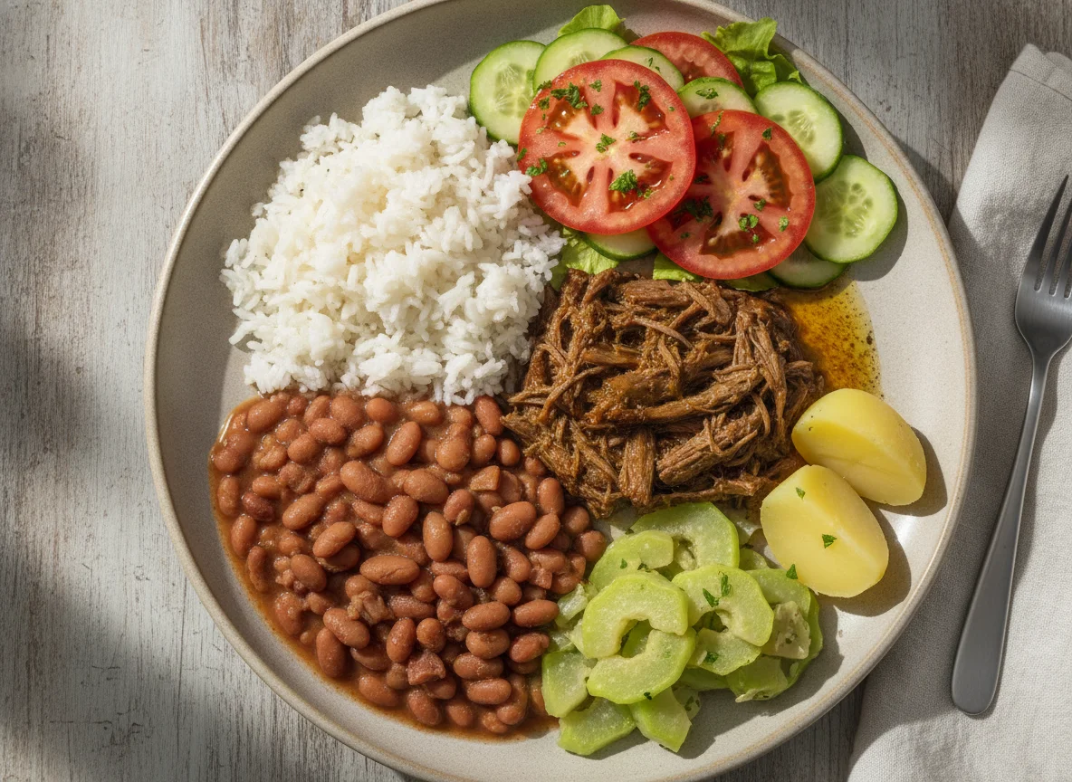 Prato feito brasileiro com carne cozida, arroz, feijão, chuchu e salada photo