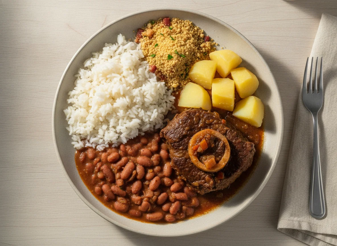 Prato feito brasileiro com carne cozida, arroz, feijão, batata e farofa photo