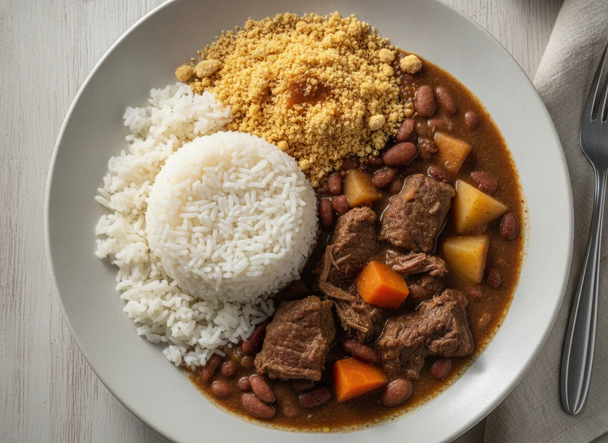 Prato Feito Brasileiro com Carne Cozida, Arroz, Feijão e Farofa photo
