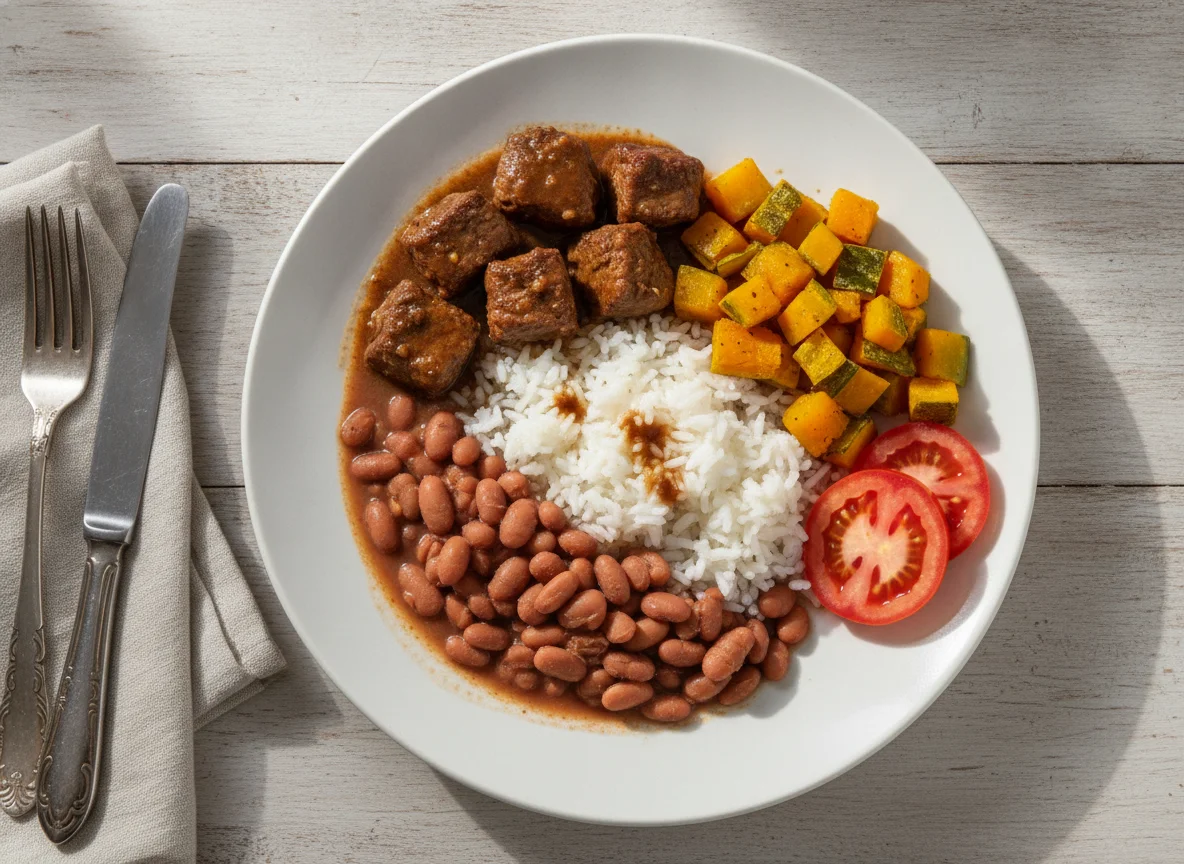 Prato feito brasileiro com carne cozida, arroz, feijão, abóbora e tomate photo