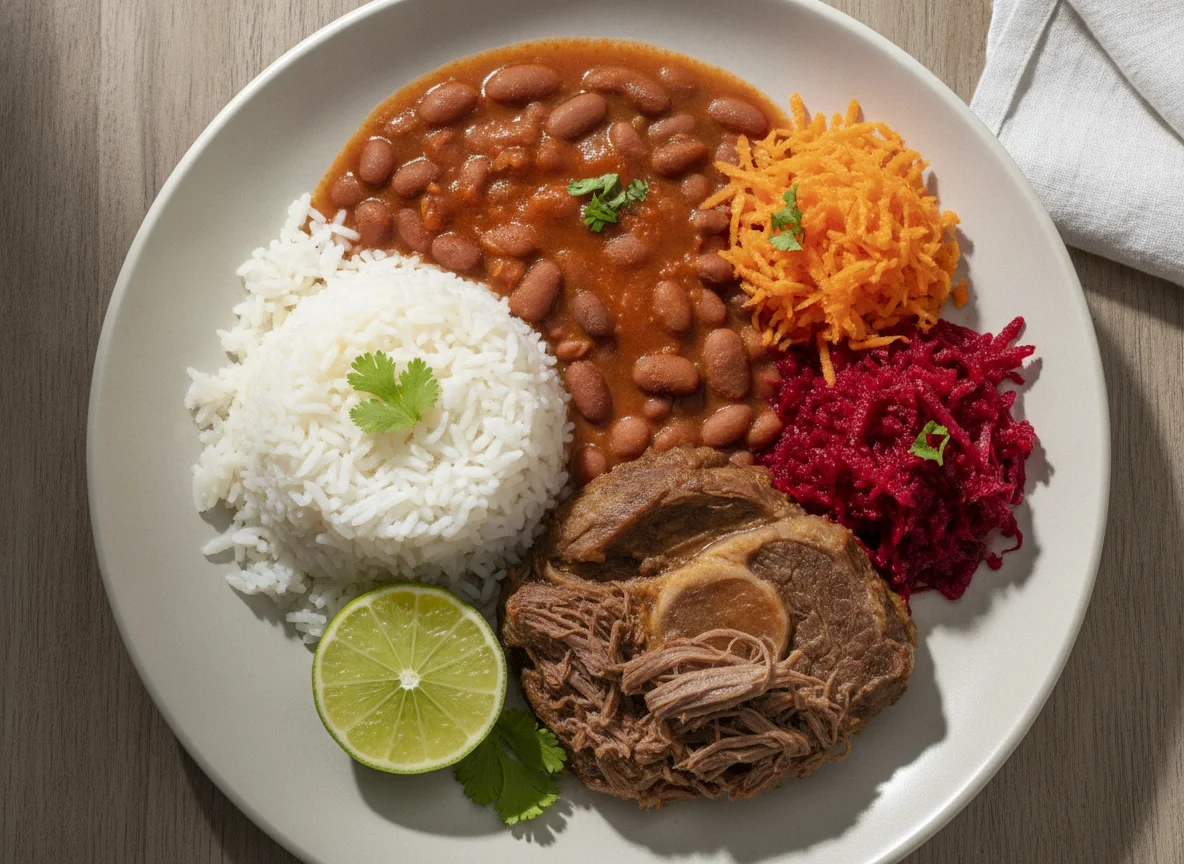 Prato feito brasileiro com carne cozida, arroz, feijão, beterraba e cenoura photo