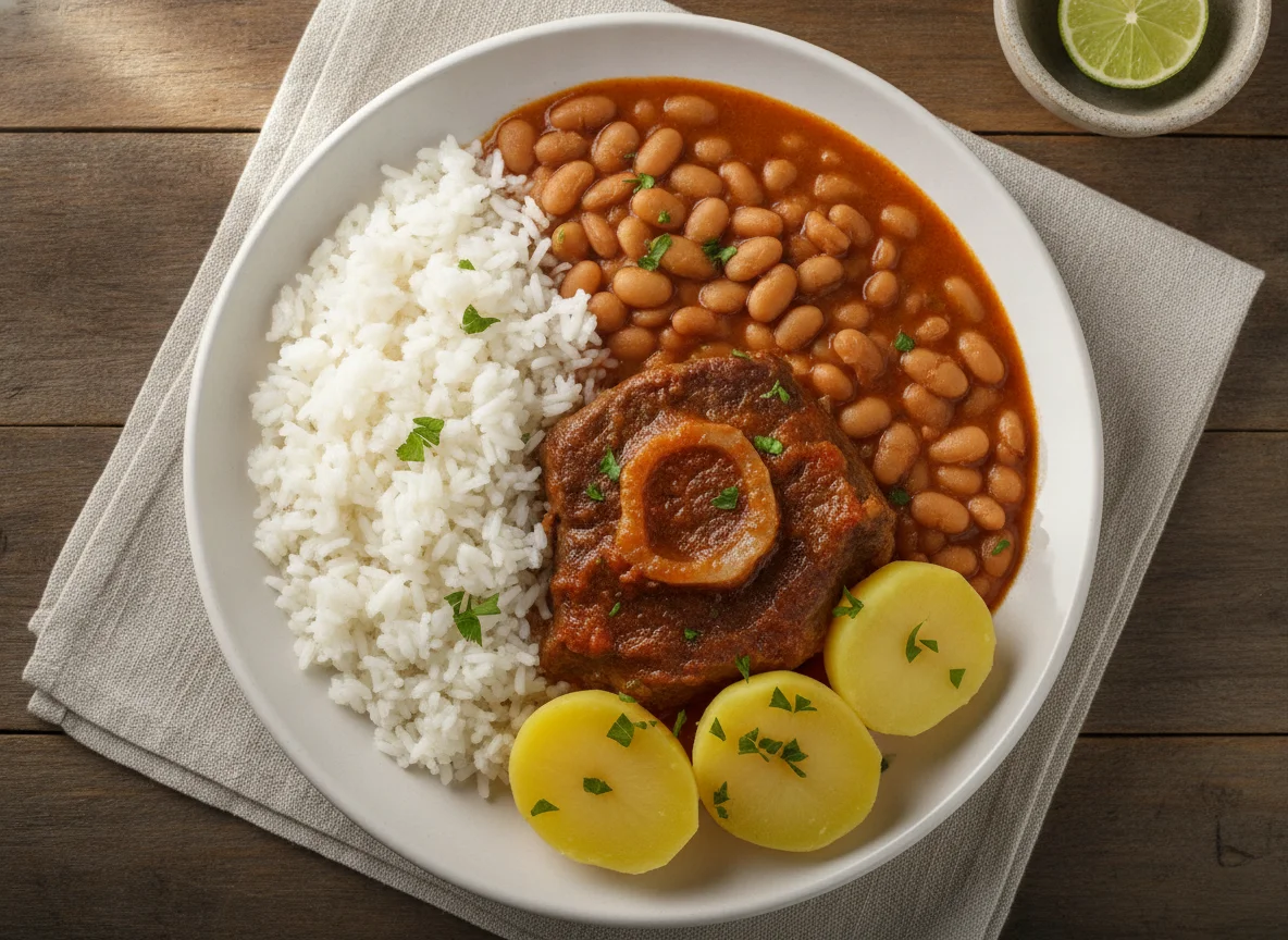 Prato feito brasileiro com carne cozida, arroz, feijão e batatas photo