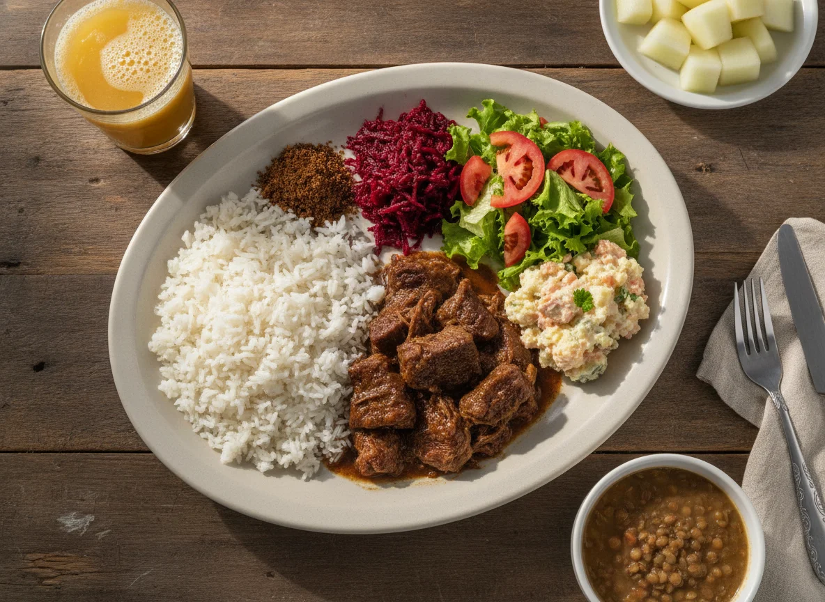 Prato Feito Brasileiro com Carne Cozida, Arroz, Salada e Melão photo