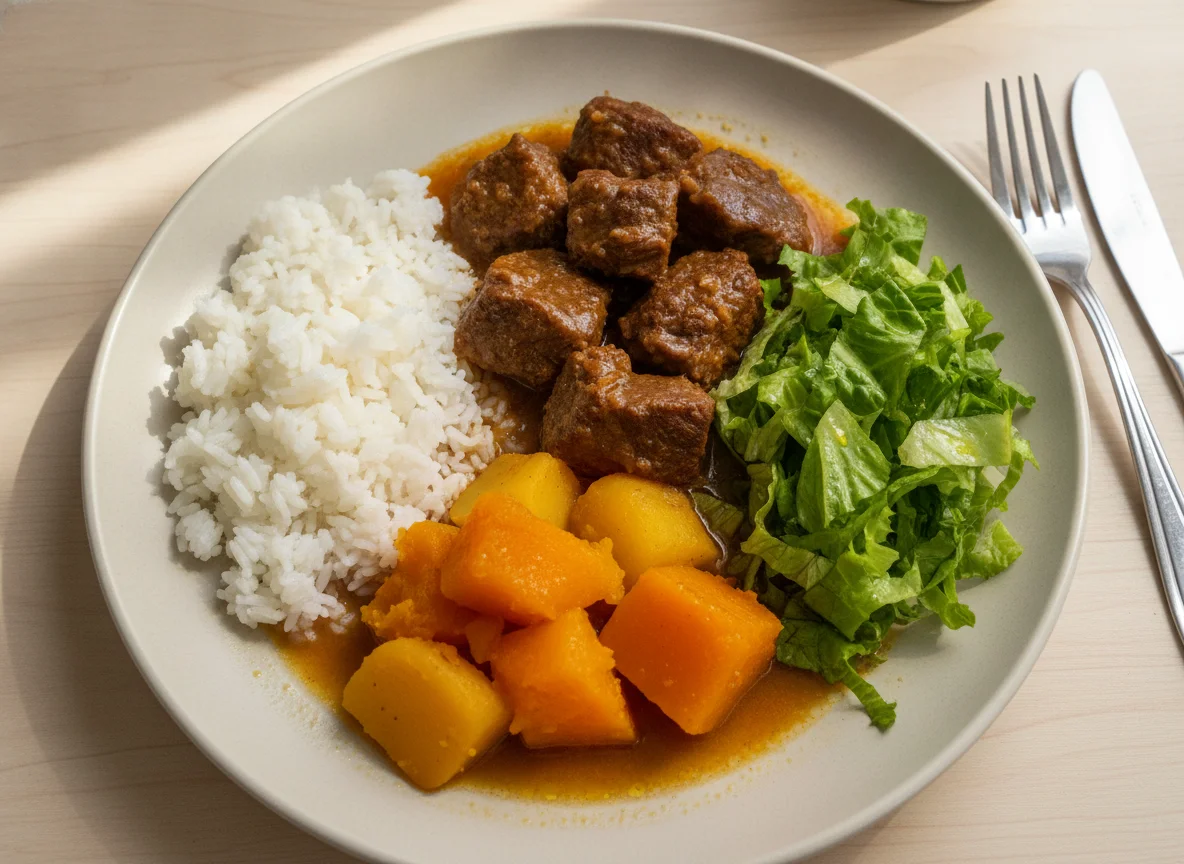 Prato feito brasileiro com carne cozida, batata, abóbora, arroz e salada photo