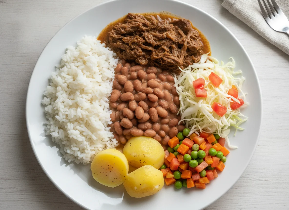 Prato feito brasileiro com carne cozida, batatas e salada photo
