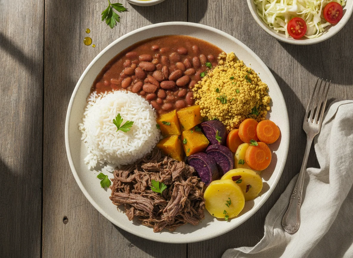 Prato Feito Brasileiro com Carne Cozida e Vegetais photo