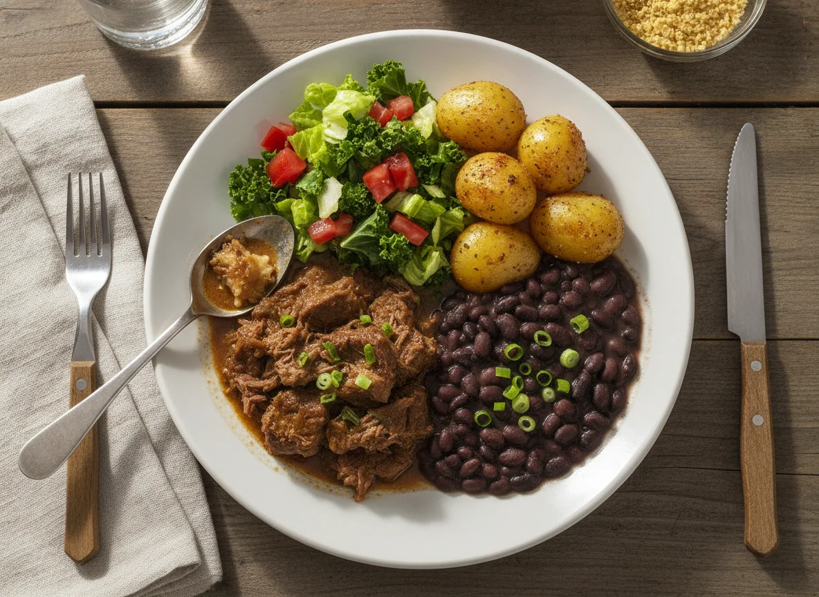 Prato feito brasileiro com carne cozida, feijão preto, batatas assadas e salada photo