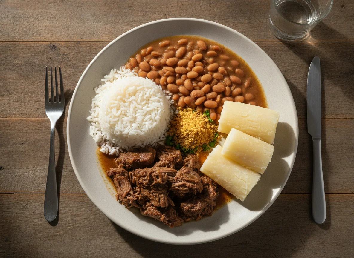 Prato Feito Brasileiro com Carne Cozida, Mandioca, Arroz, Feijão e Farofa photo