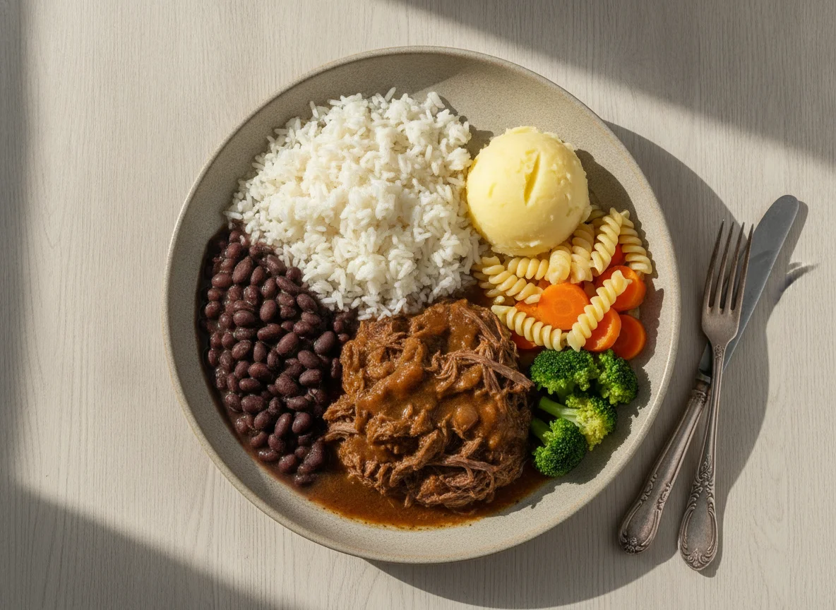 Prato Feito Brasileiro com Carne Cozida, Purê e Legumes photo