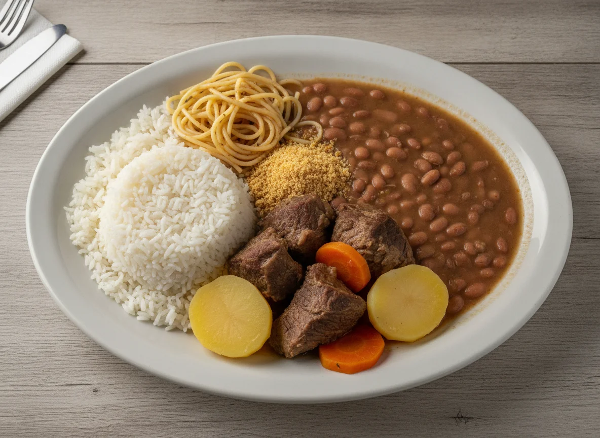 Prato Feito Brasileiro com Carne de Panela, Arroz e Feijão photo