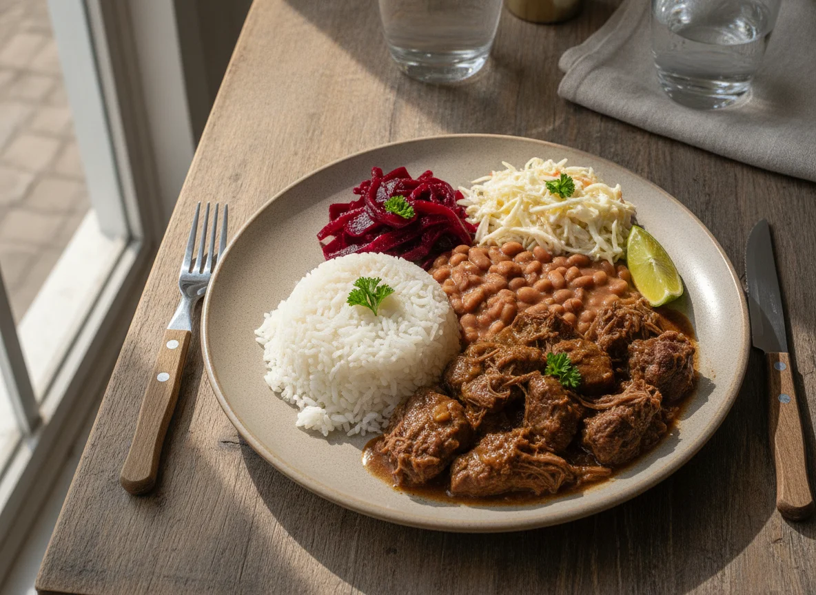 Prato feito brasileiro com carne de panela, arroz, feijão e salada photo