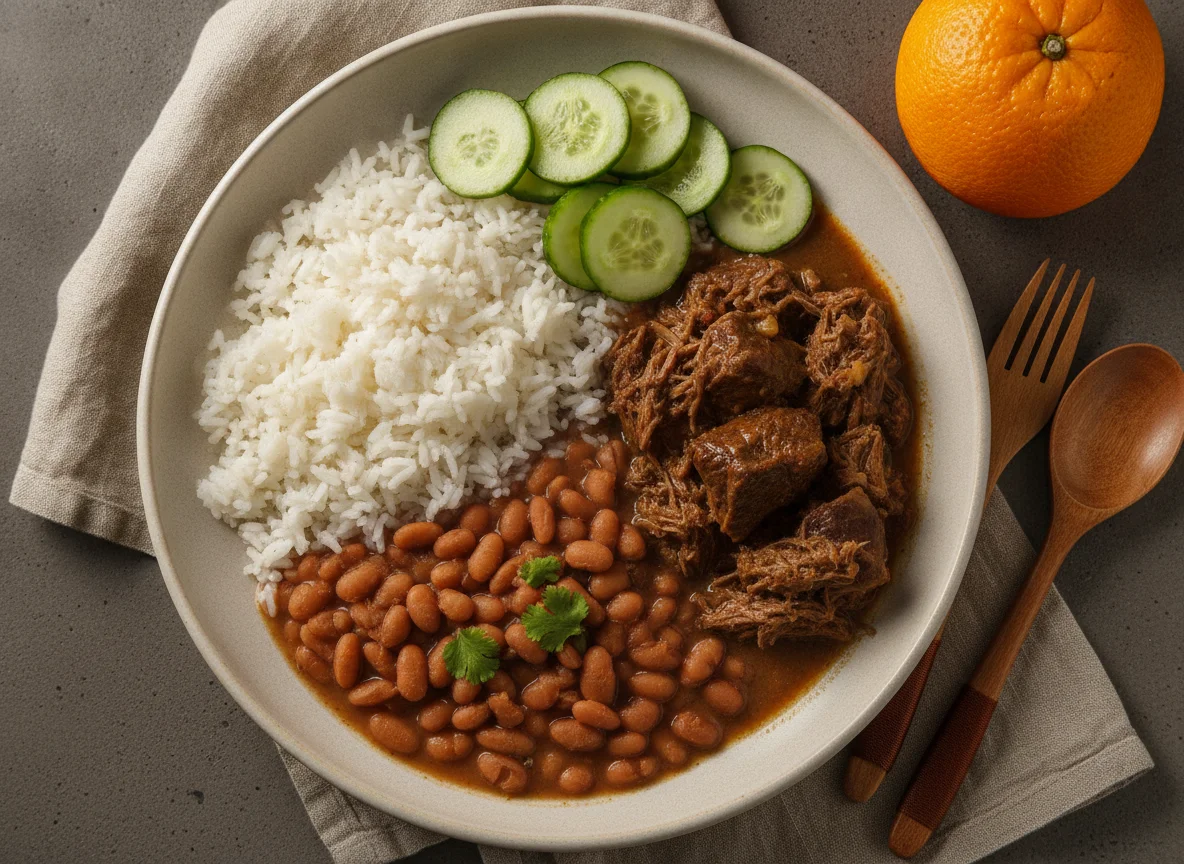 Prato Feito Brasileiro com Carne de Panela, Arroz, Feijão, Salada e Laranja photo