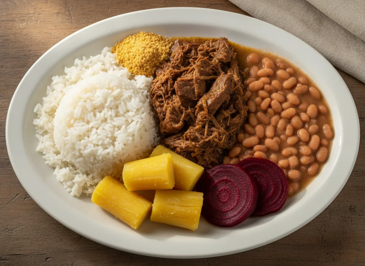 Prato Feito Brasileiro com Carne de Panela, Arroz, Feijão, Mandioca e Beterraba photo
