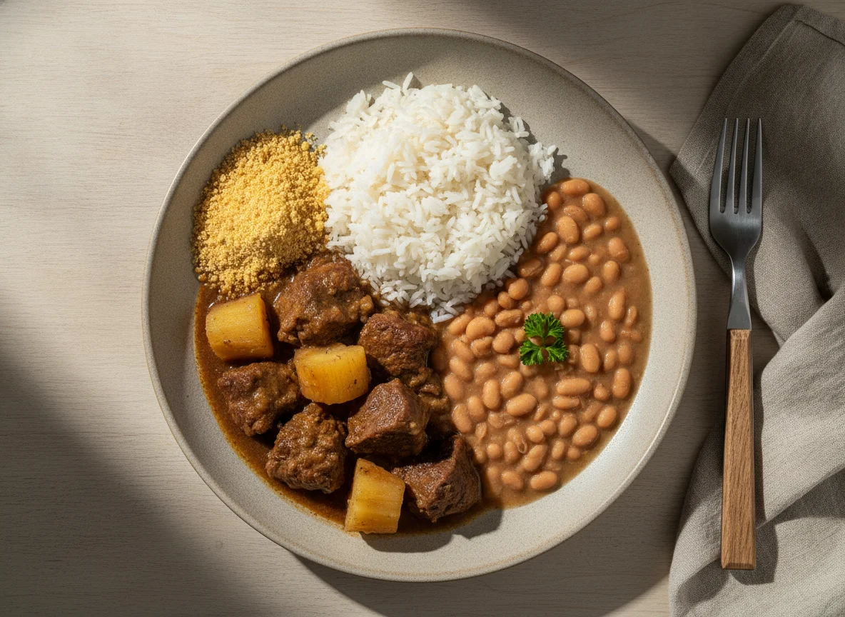 Prato Feito Brasileiro com Carne de Panela, Arroz, Feijão e Farofa photo