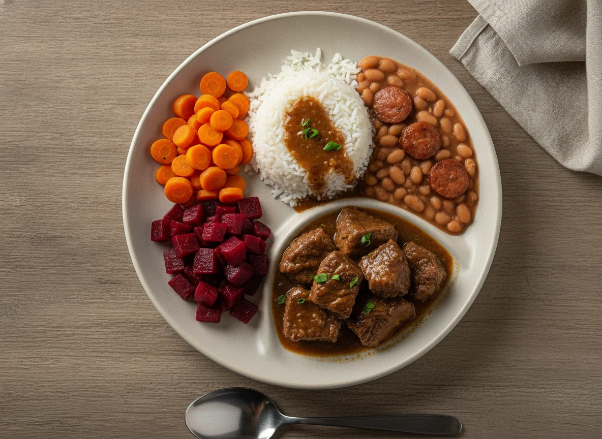 Prato feito brasileiro com carne de panela, arroz, feijão, cenoura e beterraba photo