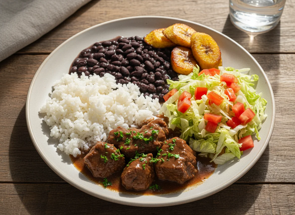 Prato Feito Brasileiro com Carne de Panela, Arroz, Feijão, Salada e Banana Frita photo