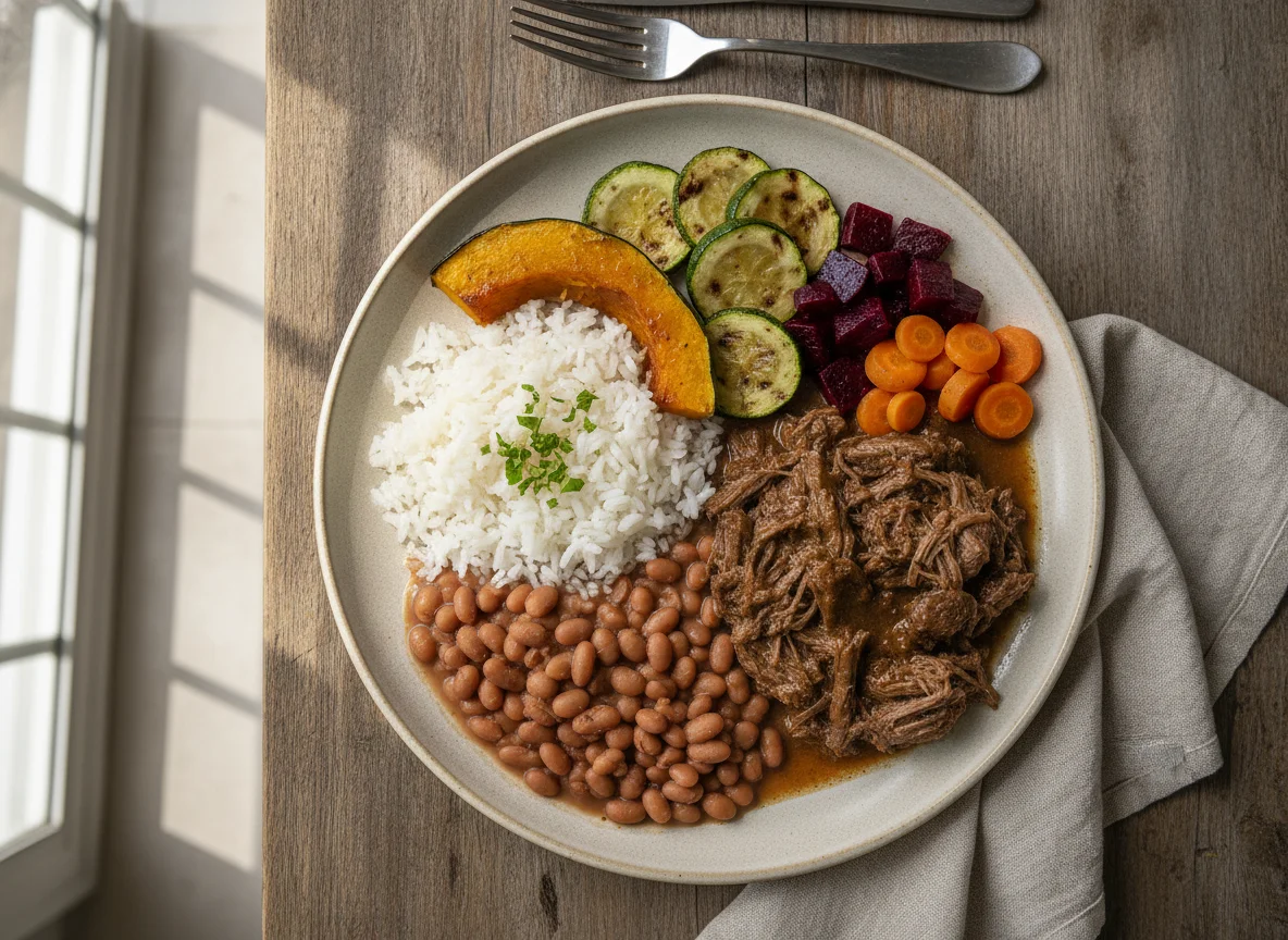 Prato Feito Brasileiro com Carne de Panela e Legumes photo