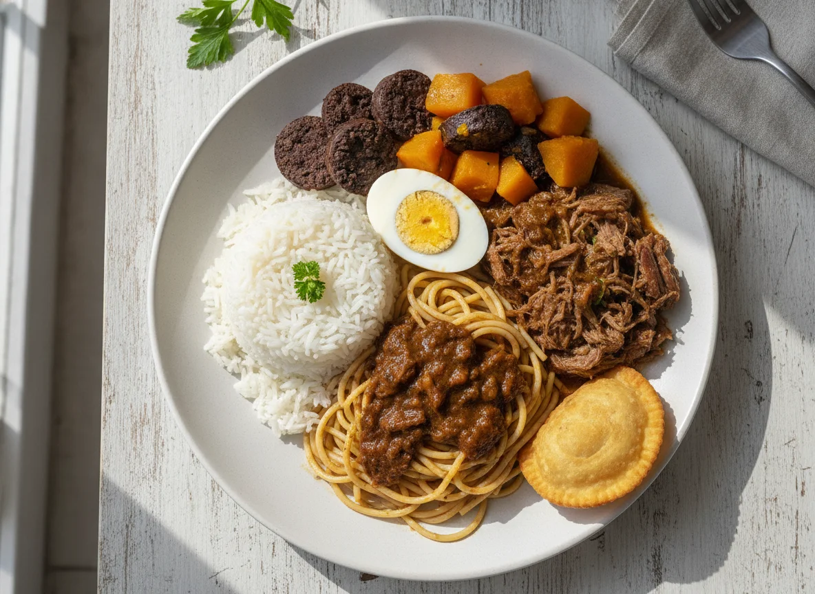 Prato Feito Brasileiro com Carne de Panela e Macarrão photo