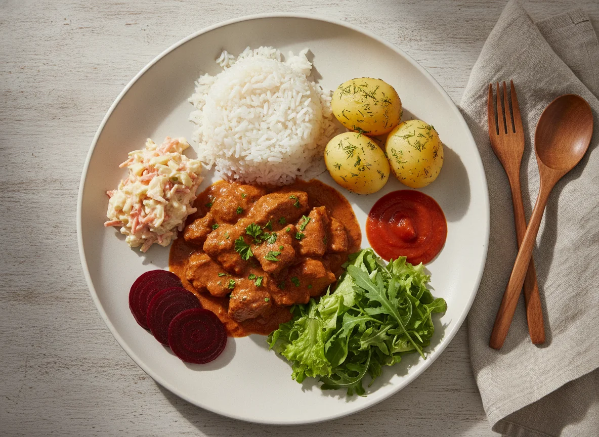 Prato Feito Brasileiro com Carne de Panela e Saladas photo